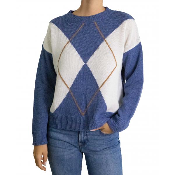 Maglione con rombi bicolore girocollo misto cashmere